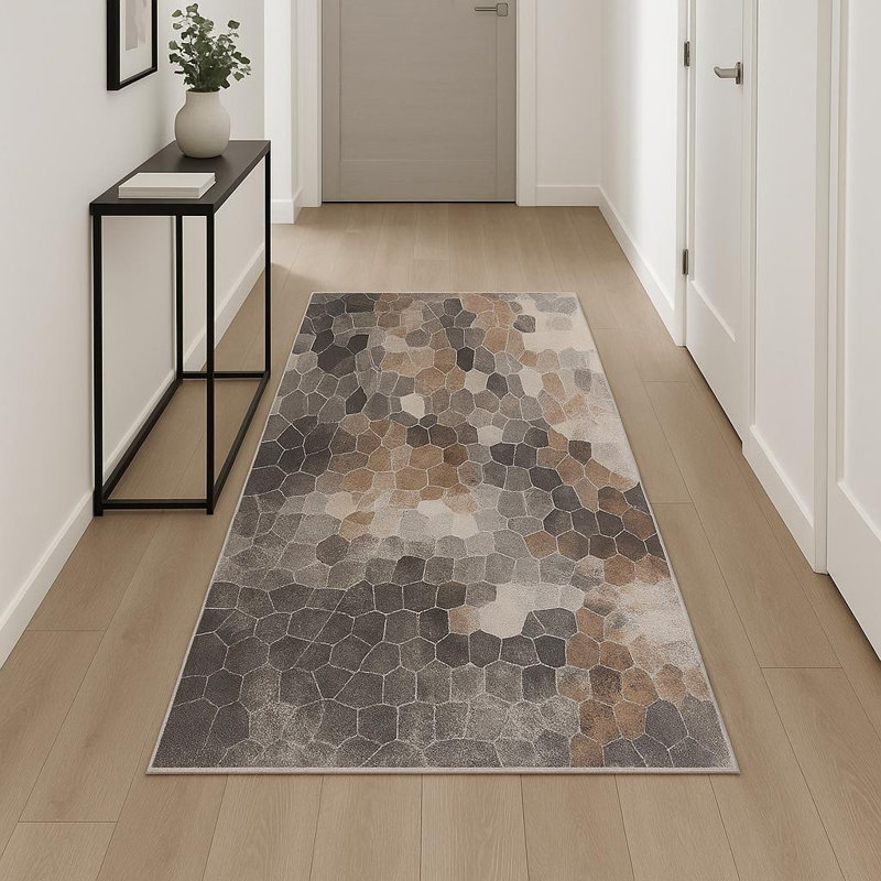 18' Blue And Beige Geometric Runner Rug