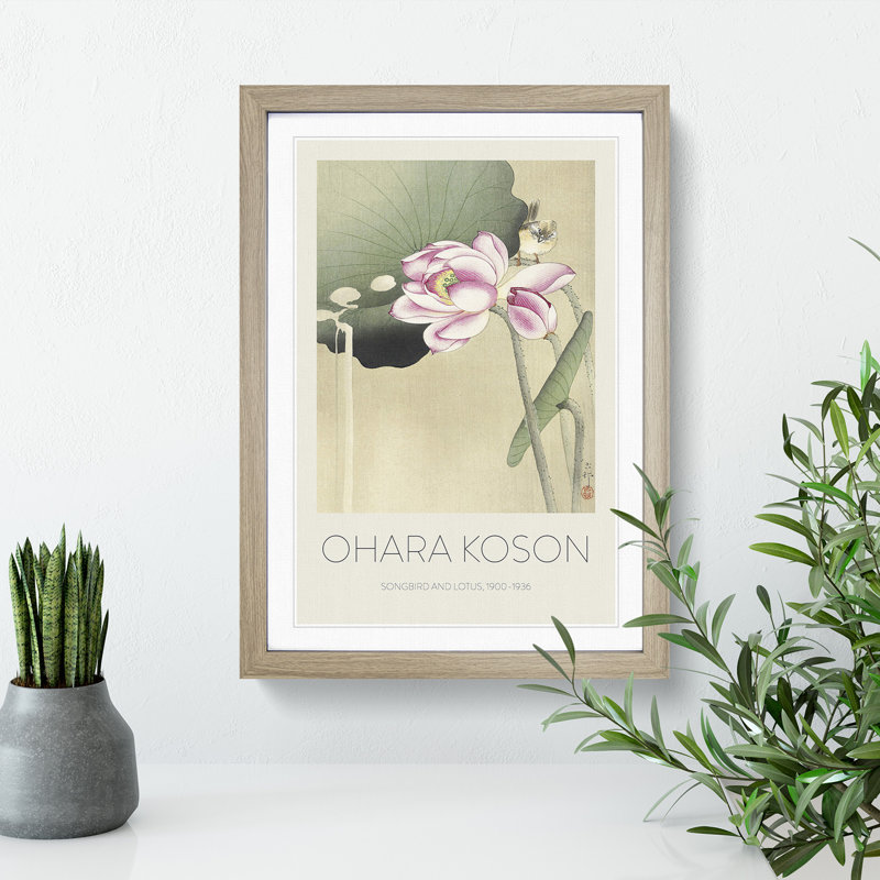 Songbird and Lotus - Picture Frame Painting, 36cm H x 27cm W x 2cm D, Oak