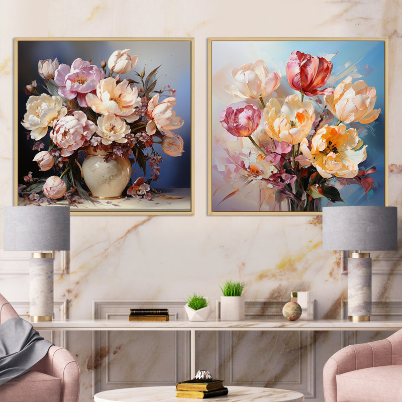 "Nature morte bouquet de tulipes" 2 pièces, Cadre flottant brun, H 30 po x l 61 po