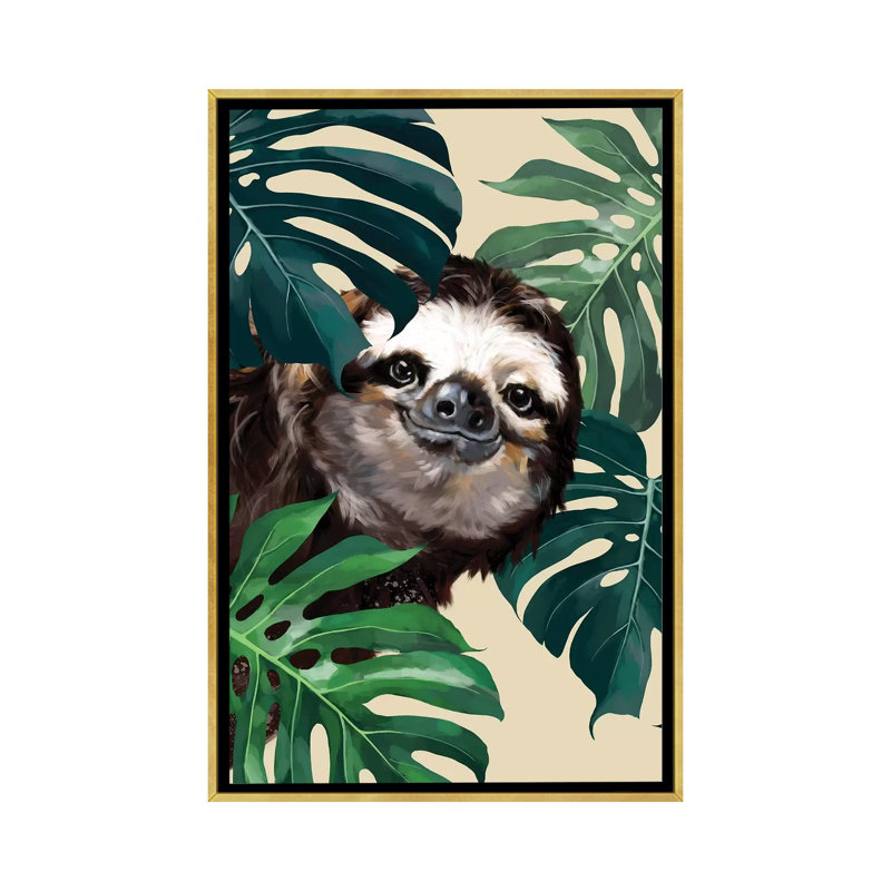 Sloth furtif avec monstera, H 26 po x l 18 po x P 1,5 po, Toile encadrée d'or