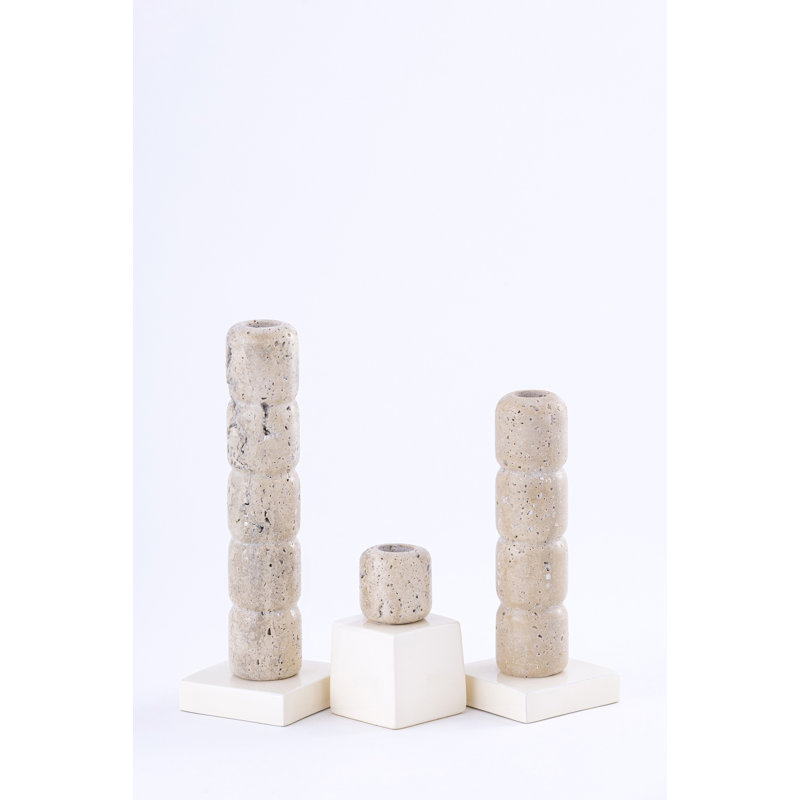 Candle Holder Stone & Metal Base, White