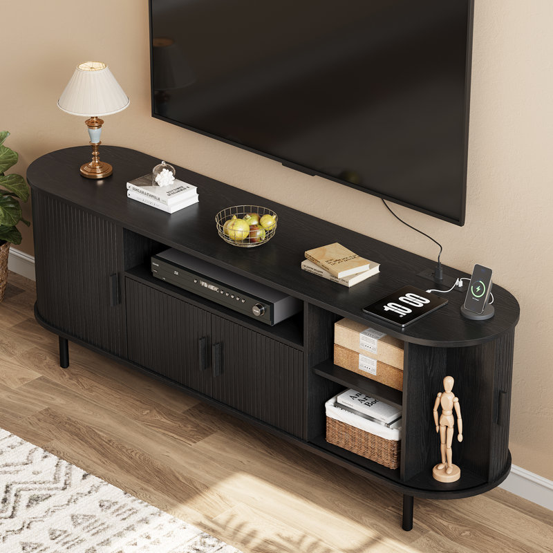 Modern Wood TV Stand With Storage And Shelves, Black