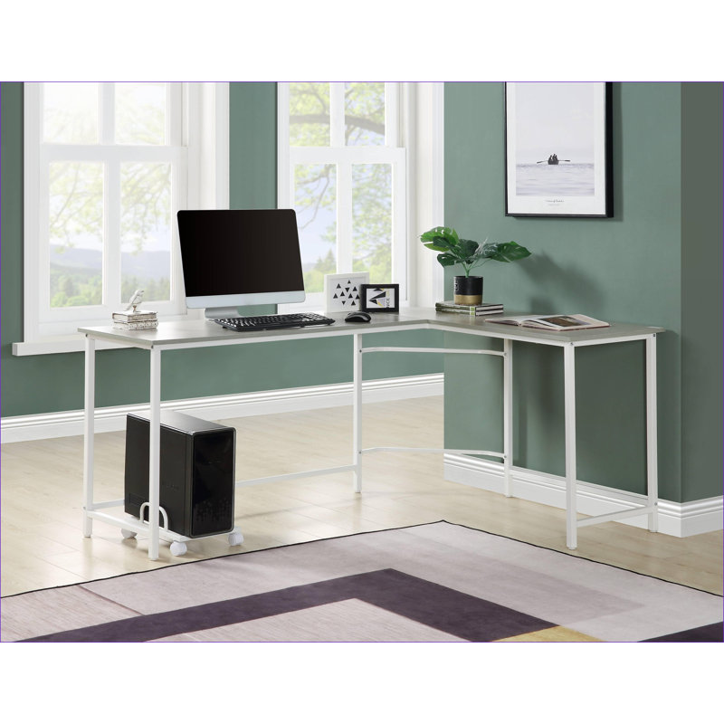 Bureau d'ordinateur moderne en L avec pupitre biseauté peu encombrant | Gris, blanc | Métal, bois synthétique, Gris, Blanc