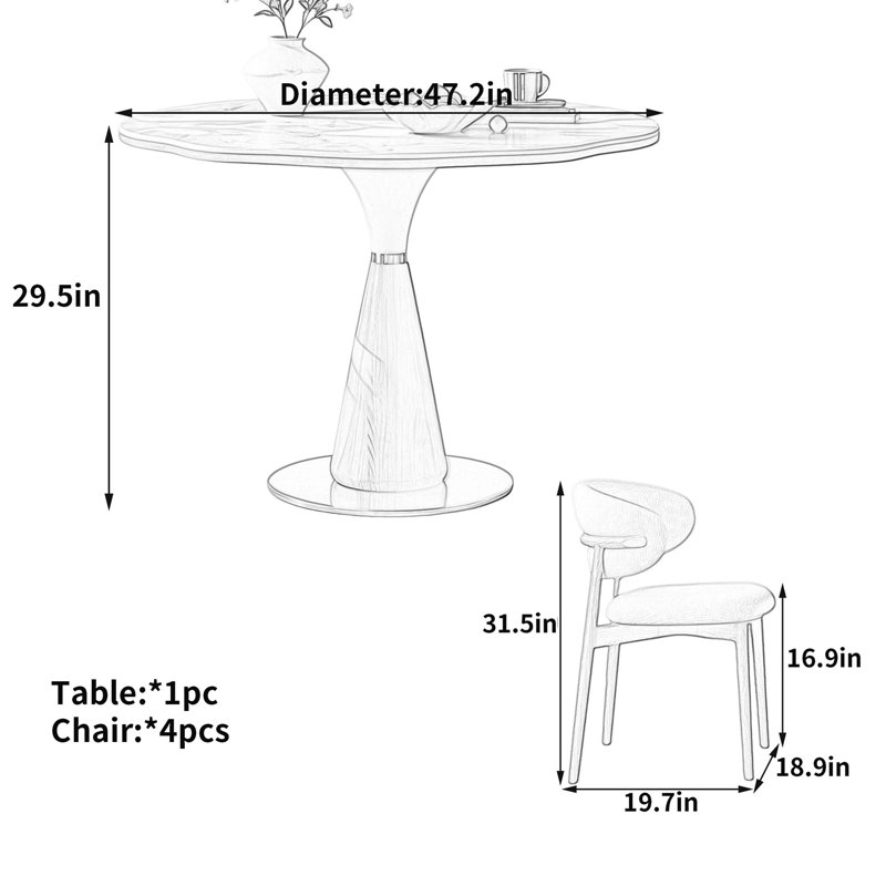 Concrete Top Dining Set, H 29,5 po x l 47,2 po x P 47,2 po, 5