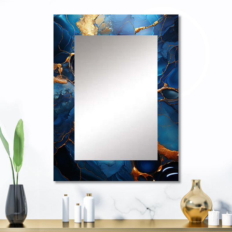Gold and Sapphire Blue Marble Mosaic II - Abstract Unique Wall Mirror, Modern Mirror, Printed Metal Art, 32" x 24"