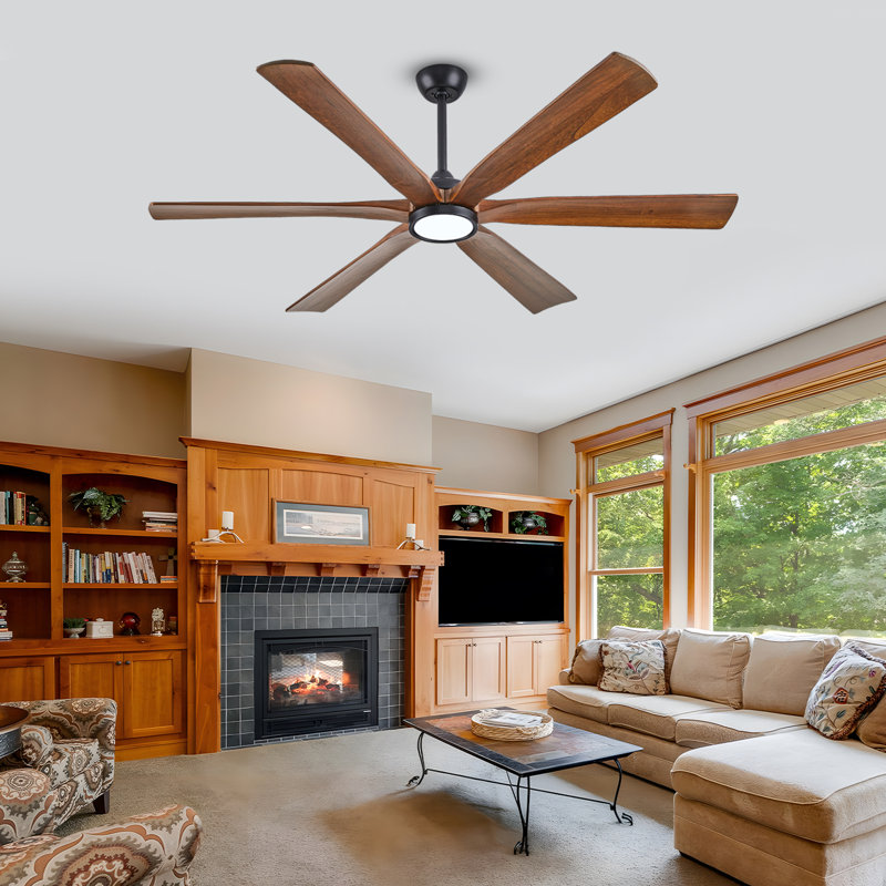 Modern 6 Blade Solid Wood Ceiling Fan With Led Light And Remote, Black, 72" Wide, Brown