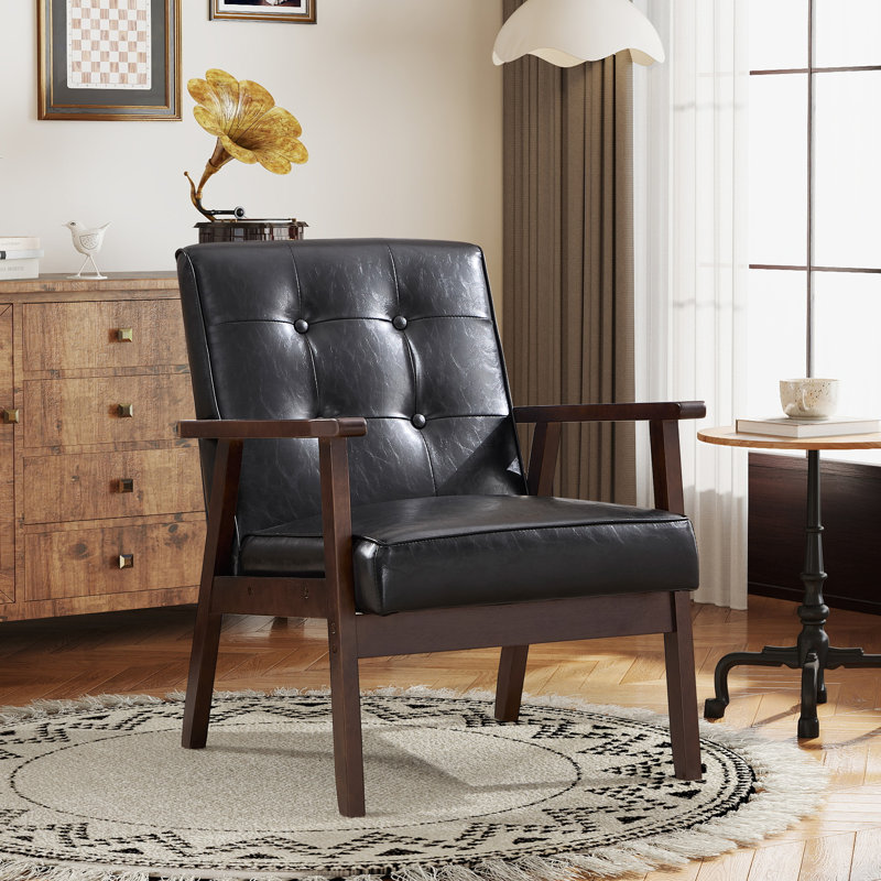 25" W Tufted Accent Chair with Solid Wood Legs, Black Faux Leather, 1