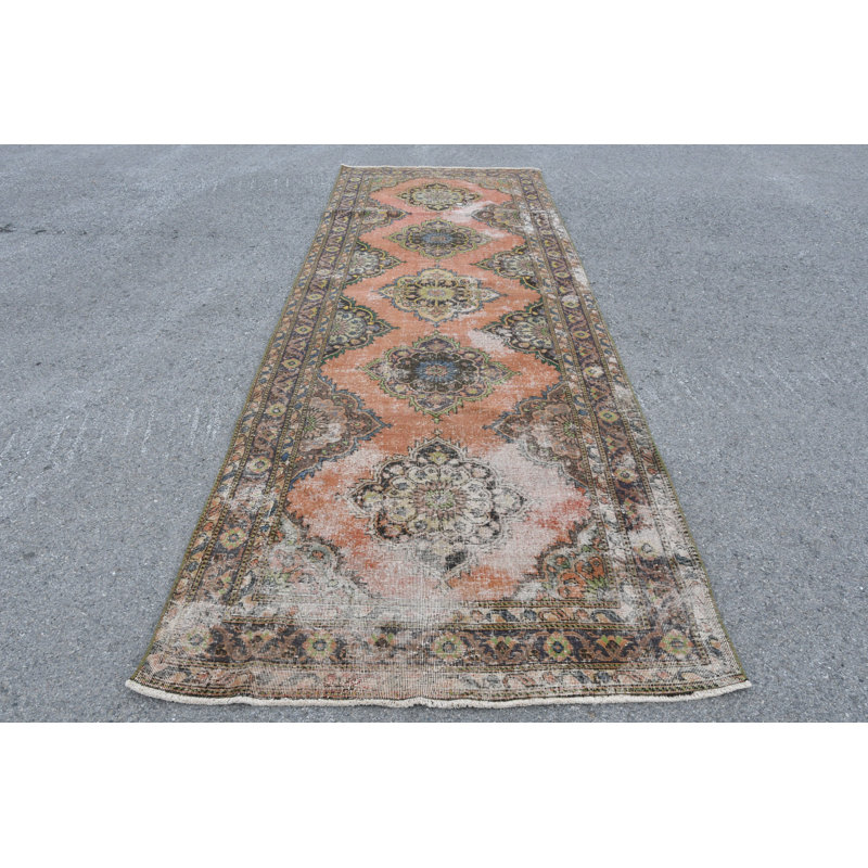 Tapis turc rétro Oushak avec un motif oriental pour les escaliers ou les coureurs - brun / orange