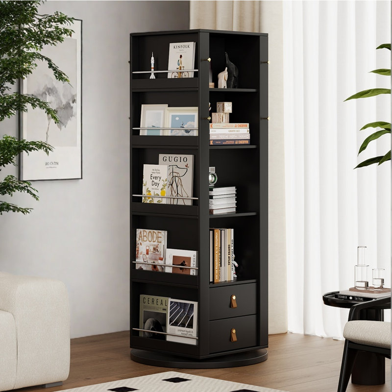 Bibliothèque rotative avec miroir, (4 tablettes) H 64,96 po x l 27,56 po x P 27,56 po, Noir
