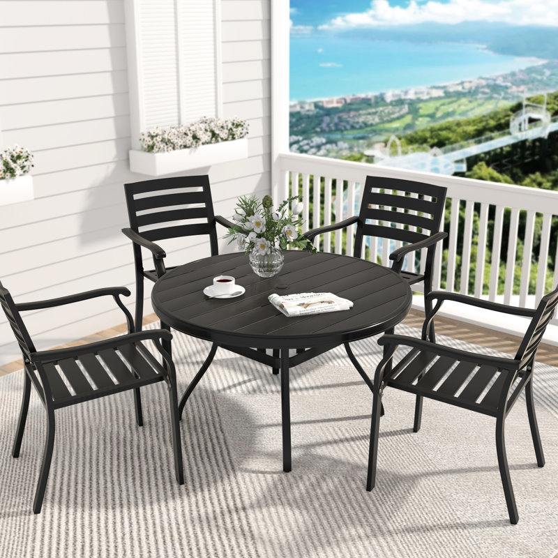 Outdoor Round Coffee Table, All - Weather Steel, 40.6"X40.6"X27.92", Umbrella Hole, Black For Backyard And Poolside Deck