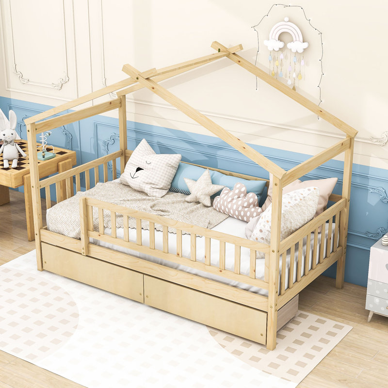 Lit en bois avec 2 tiroirs, toit et garde-corps, Naturel, Simple