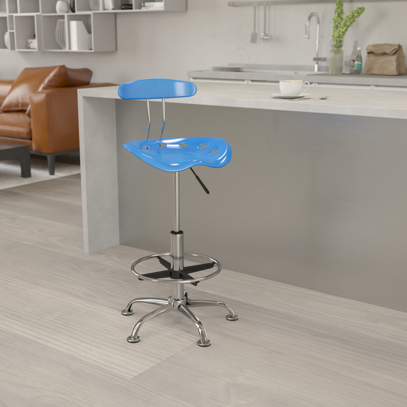 Vibrant Chrome Drafting Stool with Tractor Seat, Bright Blue