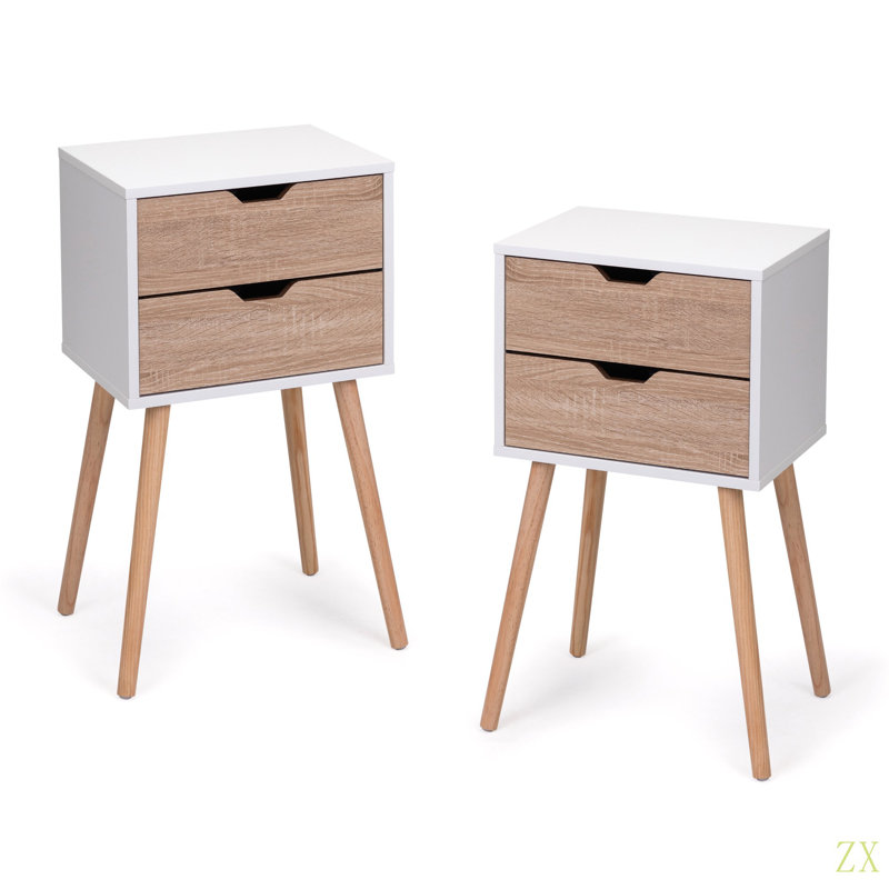 Table de chevet avec 2 tiroirs, tables de chevet avec pieds et rangement en bois massif, table de bout, table d'appoint, meubles de chevet pour chambre à coucher, salon, 2 pièces