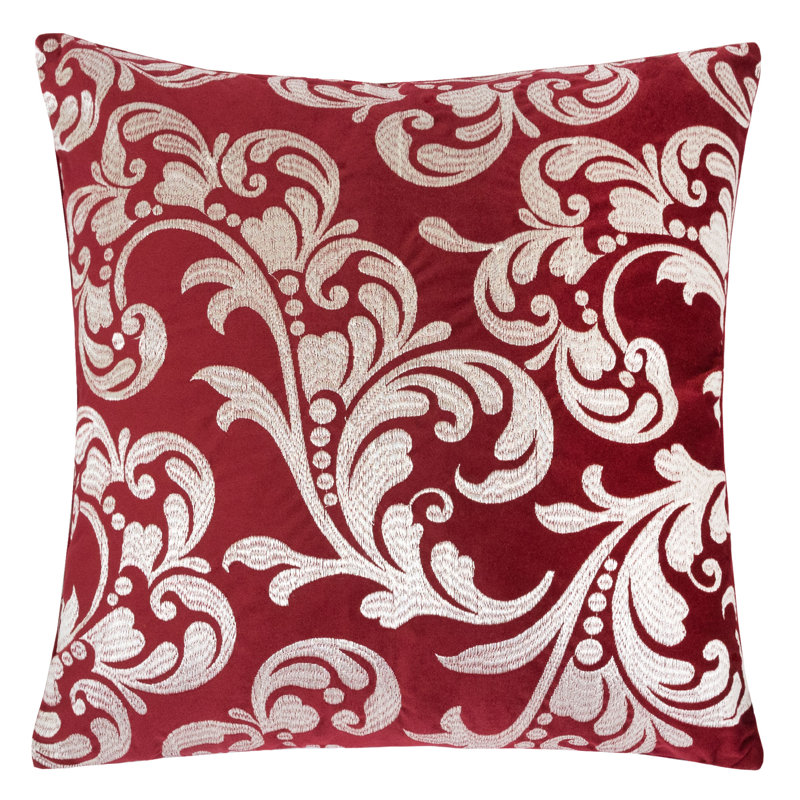 Holiday Embroidered Velvet Throw Pillow, Red/Silver