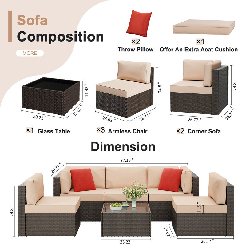 Ensemble de canapé modulaire d'extérieur modulaire - Osier PE résistant aux intempéries avec table en verre trempé, Brun