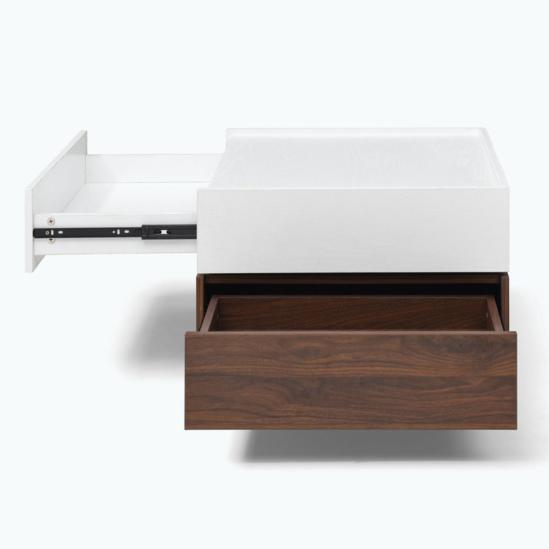 Rotating Square Coffee Table with 2 Drawers, High wood 2-Tier Center Table with Storage