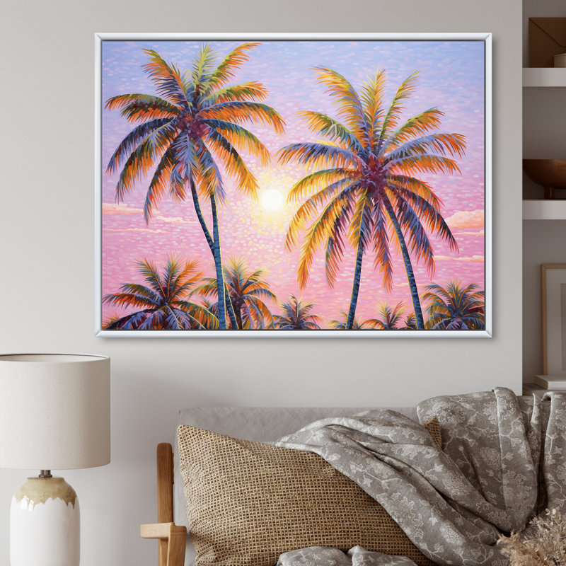«Rose Radiance Sunset Palm Trees II», reproduction sur toile, Cadre flottant blanc, H 24 po x l 32 po x P 1 po