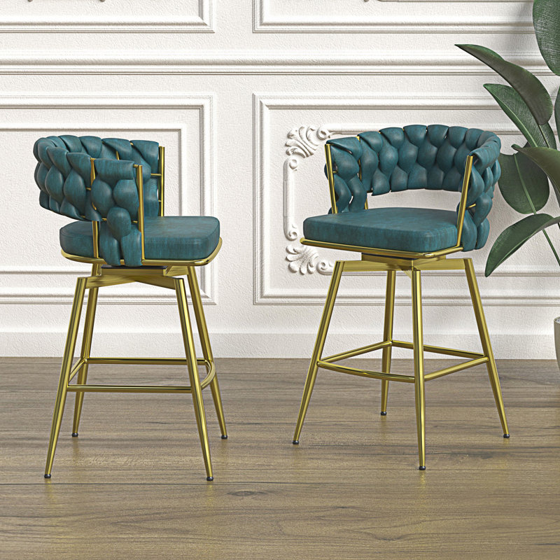 Bar Stool Set, Set Of 2 360 Swivel Comfortable Upholstered Counter Height Chairs, Blue Seat/Gold Frame