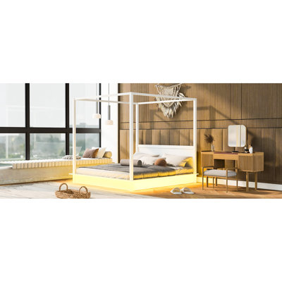 King Size, White, Canopy Platform Bed, Under Bed Nightstand, Led Feature, Contemporary Style White Modern Bedroom Enhancement, Support Slats