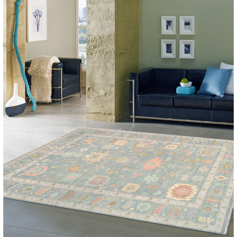Wool Oriental Area Rug in Light Blue/Pink/Moss