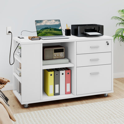 Ardeha 39" W 3-Tiers Wood Storage File Cabinet with 3 Drawers &3 Side Storage Shelve &Built-In Outlet