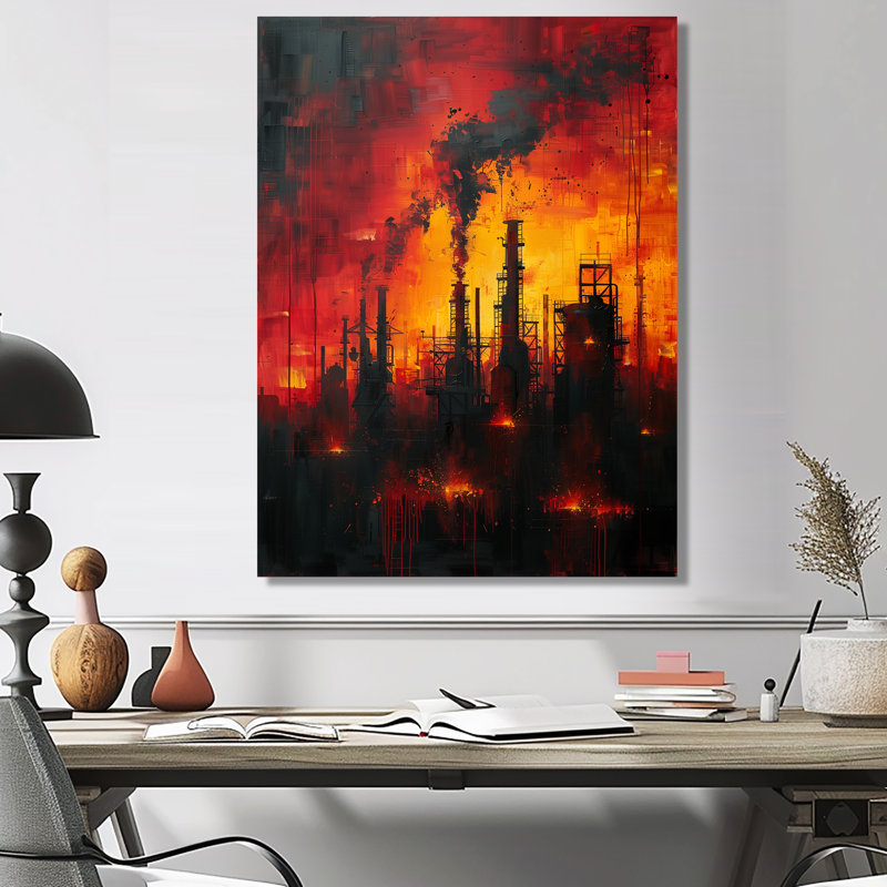 Red Industrial Factory Polution III - Factories Wall Decor, 44" H x 34" W x 1.5" D, Black Floater Framed Canvas