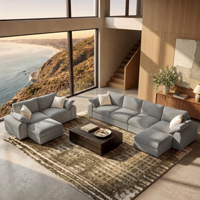Rialto 4-Piece Modern Chenille Cloud Down-Blend Modular Round Arm Living Room Set, Includes 4-Seat Sofa, Loveseat & 2 Ottoman, Tool-Free Assembly, Washable Covers
