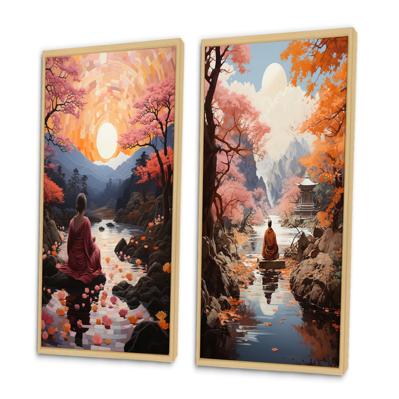 «Orange Buddhism Buddhist Serenity This», 2 pièces sur toile, Encadrement brun, H 32 po x l 32 po