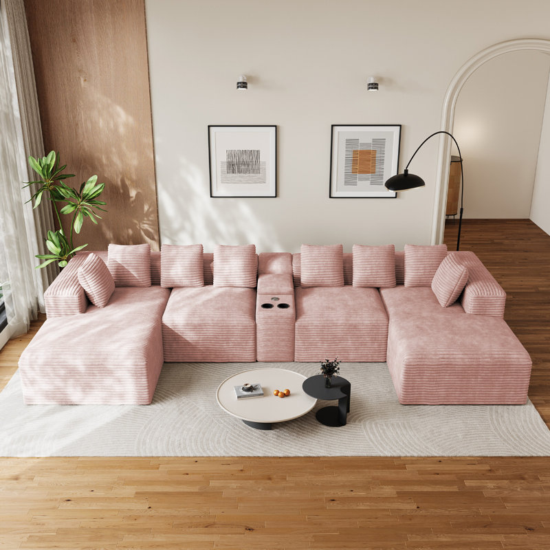 Canapé modulaire de 5 pièces sans assemblage avec chaises, console et porte-gobelet, Pink