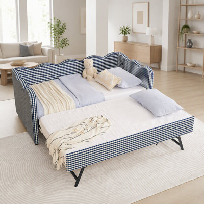 Lit de jour confortable à carreaux vichy avec lit gigogne (taille simple), sans sommier, avec port USB et adorable motif ondulé, en lin, bleu marine.