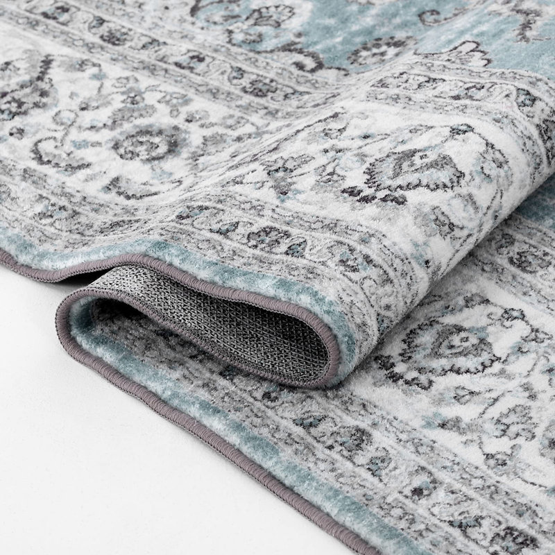 Rectangle Floral Washable Area Rug, Blue, Runner 60 x 230 cm