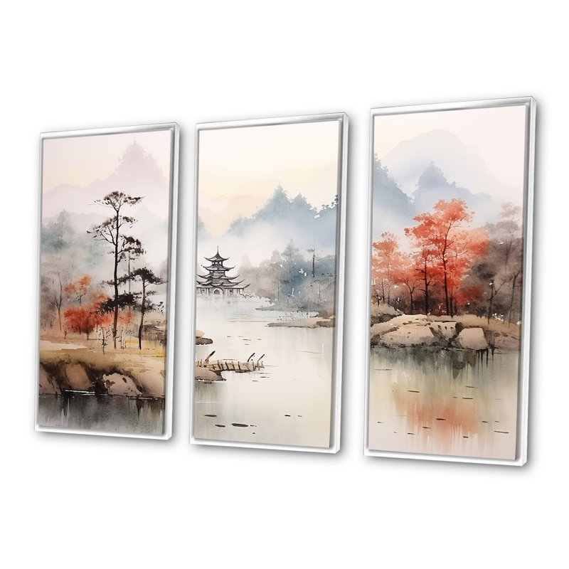 Orange, paysage chinois tranquille sérénité II - Chine, art mural, Cadre flottant blanc, H 32 po x l 48 po