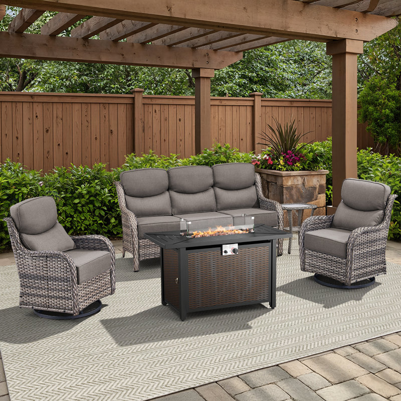 5-Piece Outdoor Wicker Patio Night Fire Pit Table Set With Coffee Table, Gray, Gray