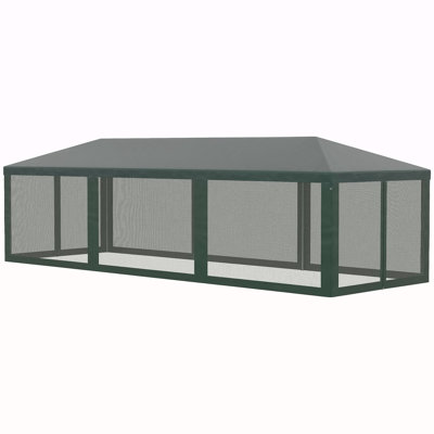 Auvent de tente de réception 10 pi x 28 pi Outsunny, abri de jardin pour l'extérieur avec 8 parois latérales amovibles en filet, portes à fermeture à glissière, structure en acier