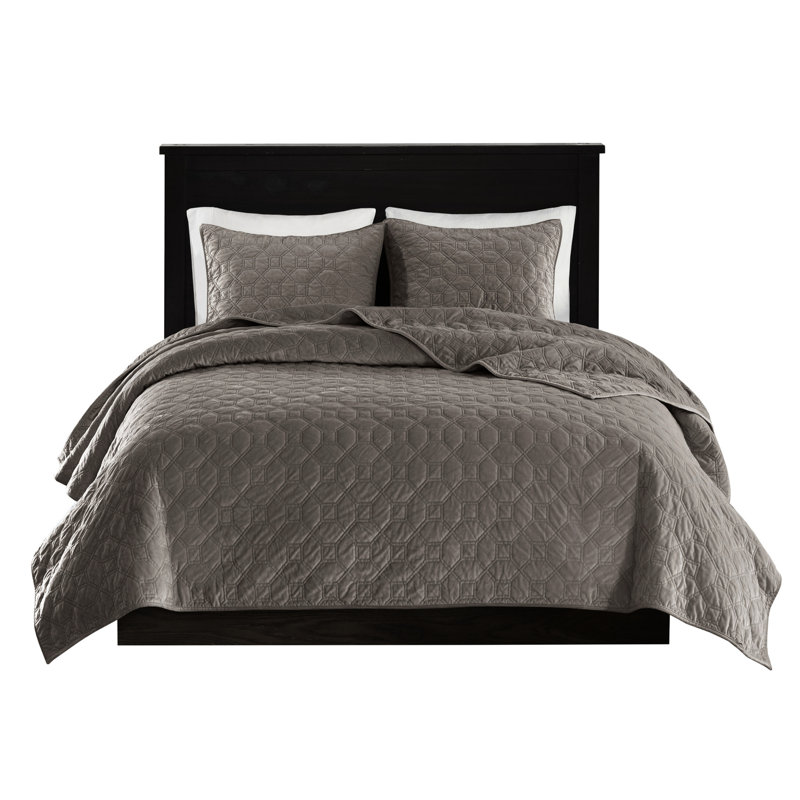 Courtepointe en velours taupe double / grand - 3 pièces, courtepointe géométrique pour chaleur et fascination, 1 courtepointe, 2 taies décoratives, coton rembourré Grace