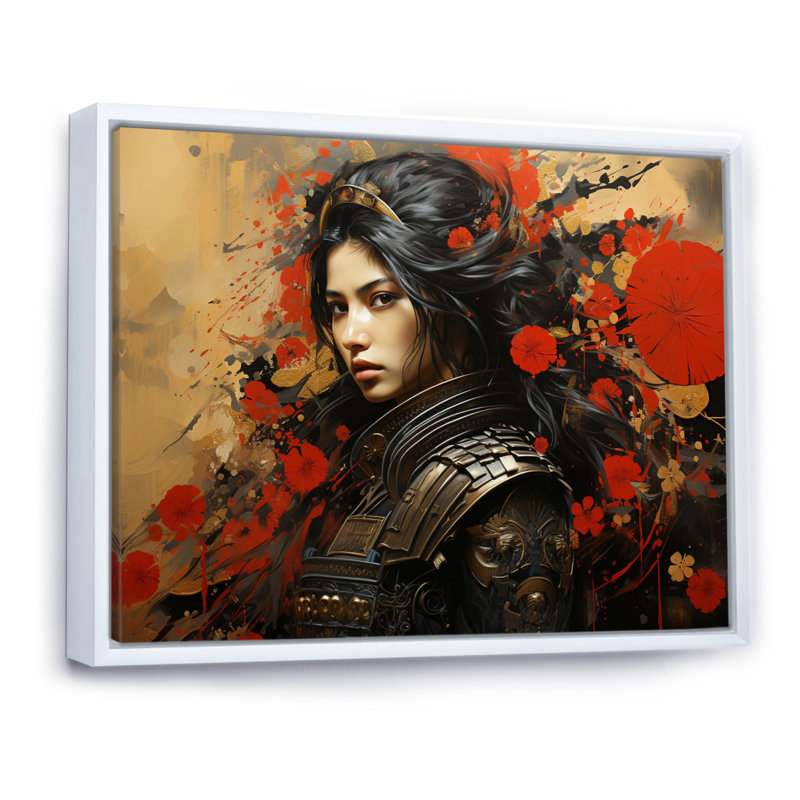 Japon Art Silent Samurai Woman II - Japanese Canvas Art Print, 34" H x 44" W, Cadre flottant blanc
