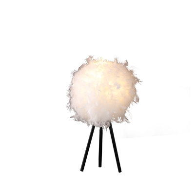 20.5" Tripod Table Lamp with Pure White Polyester Feather Shade and Matte Black Metal Base