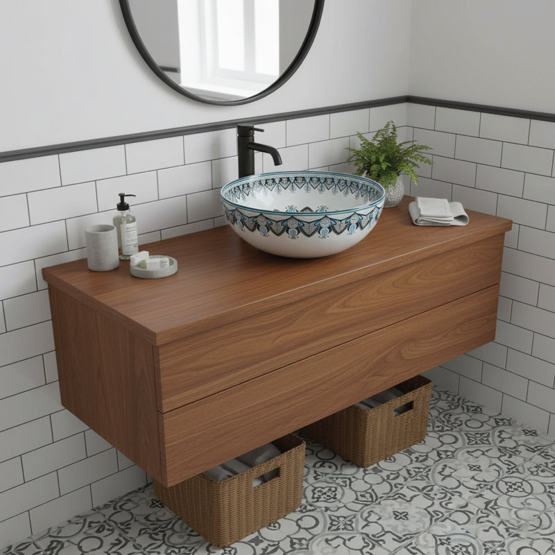 16" Round Artistic Ceramic Vessel Sink – Glossy Above-Counter Basin with Hand-Inspired Printed Pattern, Satin Blue