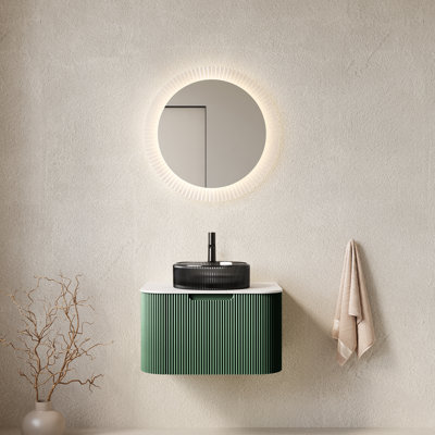 Meuble-lavabo de salle de bain 24 po Hesse Dina, armoire de salle de bain en contreplaqué rayé à bords arrondis avec tiroir, vasque en verre cristal noir transparent et plateau en pierre frittée, pré-assemblé, couleur vert foncé