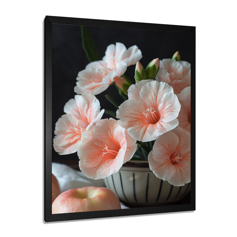Pink Green Botanical Carnations - Carnations Wall Decor, 20" H x 12" W x 1" D, Black Single Picture Framed Canvas