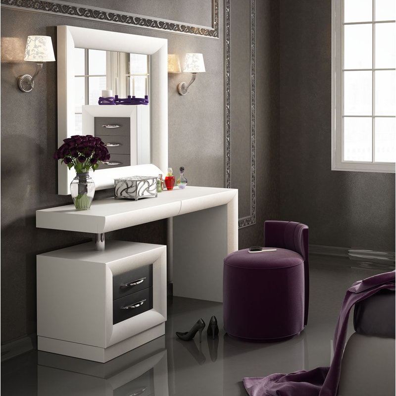 Ensemble de coiffeuse pour la chambre à coucher avec miroir Kirkwood, Blanc / Gris foncé mat