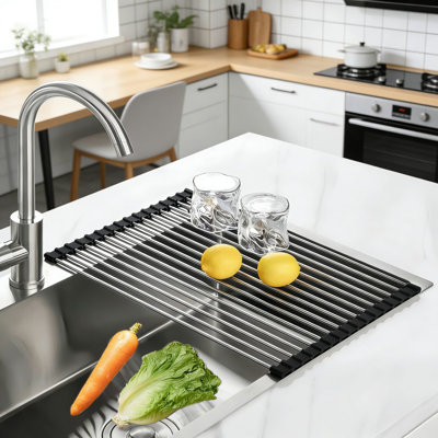 Foldable Over The Sink Dish Drying Rack, Stainless Steel Roll Up Dish Drainer For Space Saving Kitchen Counter And Sink Storage