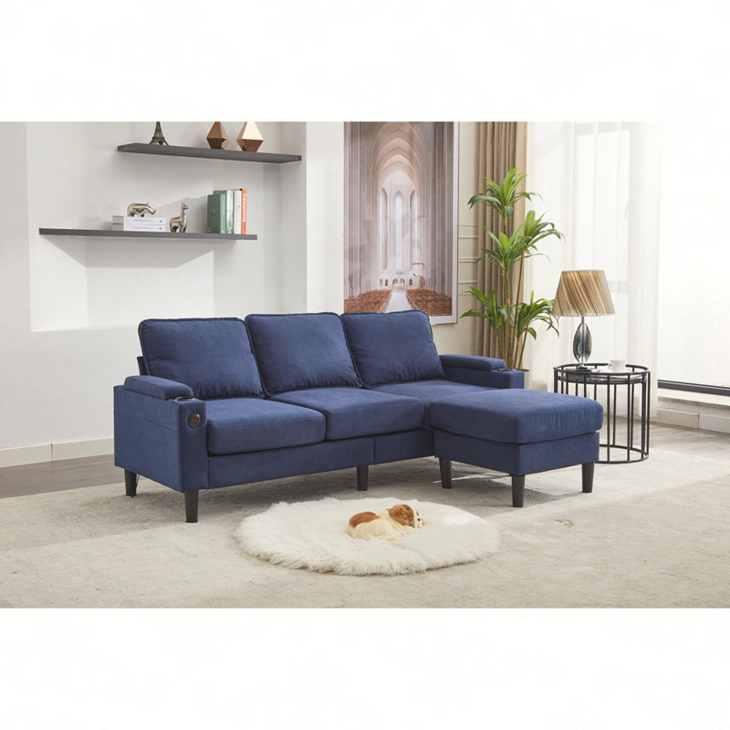 3-Seat Combo Sofa with Storage Ottoman,Sectional Couch, L Shaped Bench with A Footrest, Blue