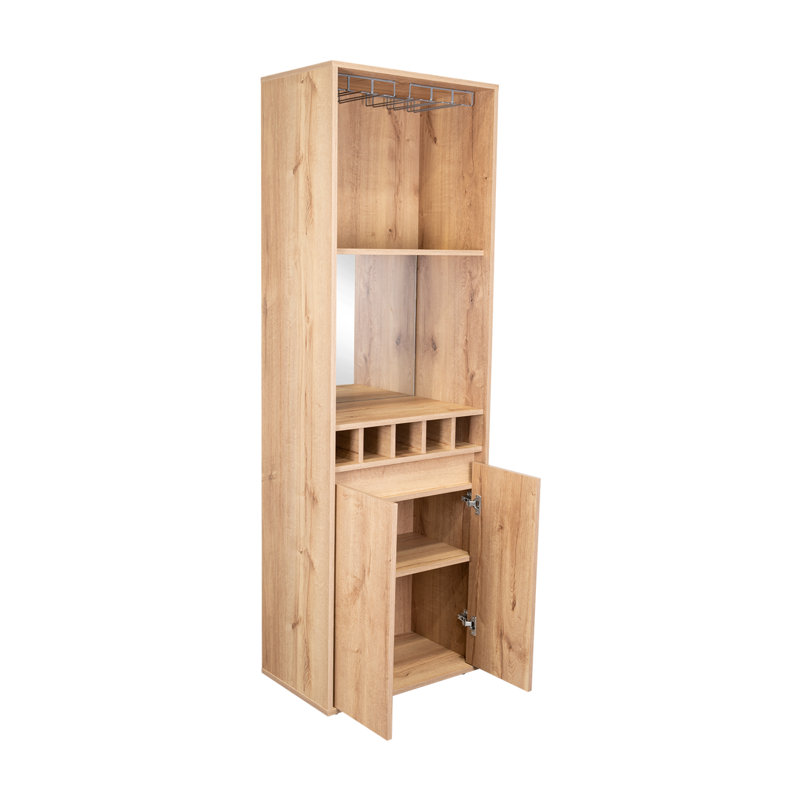 Bar Dallas avec rangement pour bouteilles de vin, porte-verres à pied et tablettes de présentation - chêne naturel