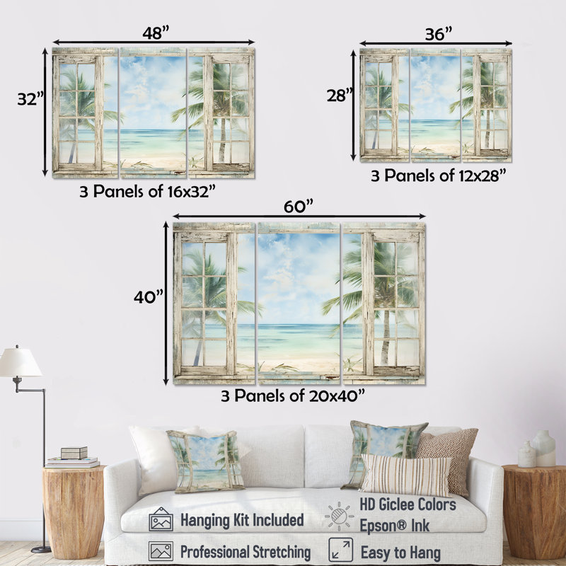 «Tropical Beach Windows Horizon II - Coastal Windows», art mural, H 32 po x l 48 po, Toile tendue