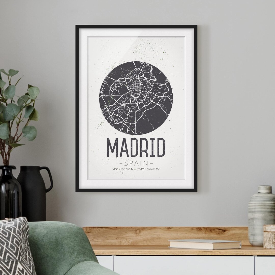 Gerahmtes Papierbild Stadtplan Madrid - Retro