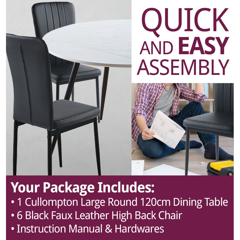 Cullompton Large Round Dining Table 120Cm, Marble Effect Top, With 6 Black Faux Leather High Back Chairs, White