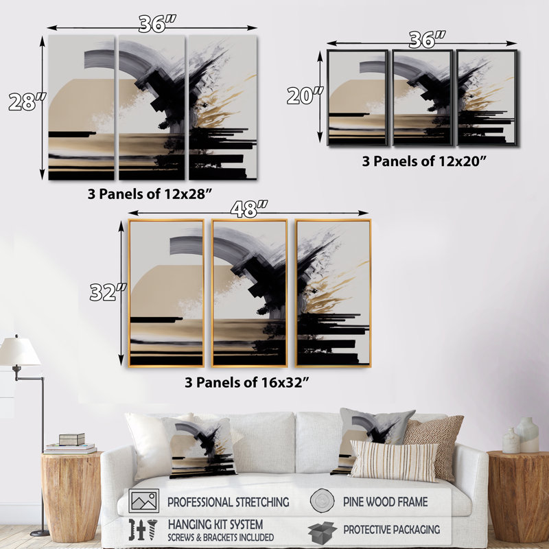 Noir, blanc et or Expression IV - ensemble d'art mural moderne sur toile, H 28 po x l 36 po x P 1 po, Toile tendue