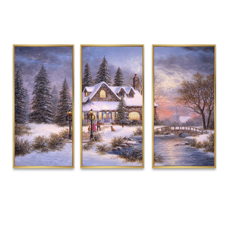 «Winter Christmas Scene A Treasured Time», ensemble d'art mural sur toile encadré traditionnel de 3 pièces, Or