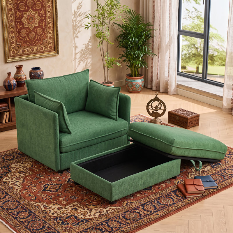 Chaise longue surdimensionnée en chenille avec repose-pieds, fauteuil de lecture moderne à assise profonde pour appartement, beige